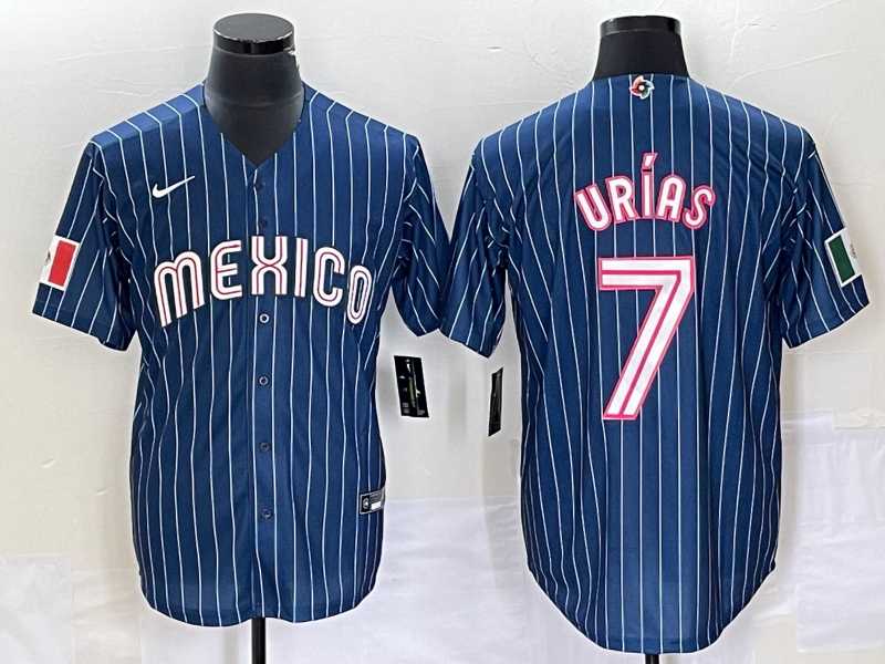 Men%27s Mexico Baseball #7 Julio Urias Navy Blue Pinstripe 2020 World Series Cool Base Nike Jersey